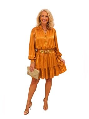 Flying Tomato Iridescent Metallic Golden Belted Tiered Mini Dress Size Large